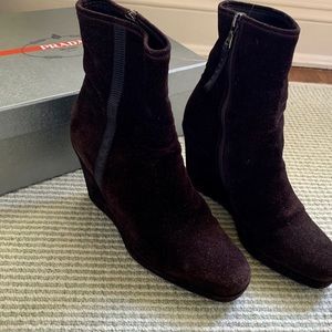 Prada wedge boots in brown suede
